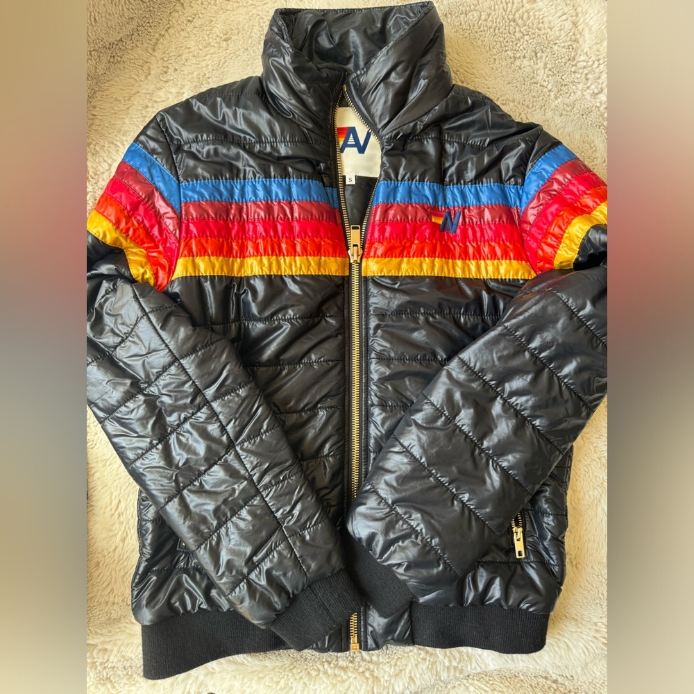 Glossy Black Aviator Nation 5 Stripe Rainbow Sleeve Jacket